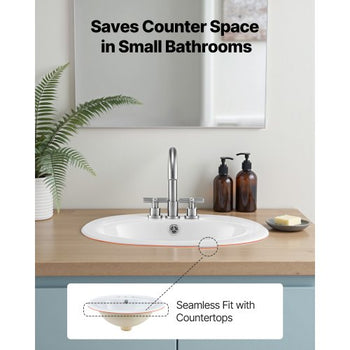 Semi Recessed Bathroom Sink, 19.09 x 16.73 Inch Oval White Ceramic Vessel Sink with Overflow Hole and 3 Faucet Holes, Drop in Modern Lavatory Vanity Bath Wash Bowl Basin, Ideal for Small Spaces