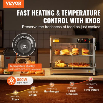 2-Tier Commercial Food Warmer Display, 800W Food Display Warmer with Light to Enhance Food Display, 86?~185? Temperature Control, 58L Large Capacity for Hamburger, Pizza, Bread, Fried Chicken
