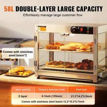 2-Tier Commercial Food Warmer Display, 800W Food Display Warmer with Light to Enhance Food Display, 86℉~185℉ Temperature Control, 58L Large Capacity for Hamburger, Pizza, Bread, Fried Chicken