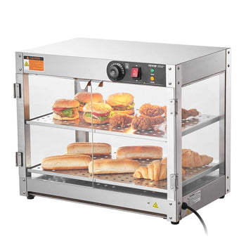 2-Tier Commercial Food Warmer Display, 800W Food Display Warmer with Light to Enhance Food Display, 86℉~185℉ Temperature Control, 58L Large Capacity for Hamburger, Pizza, Bread, Fried Chicken