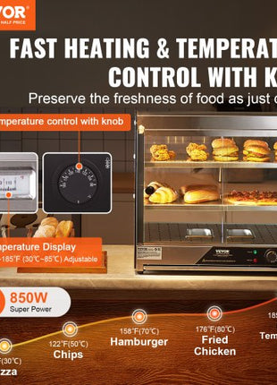 2-Tier Commercial Food Warmer Display, 850W Food Display Warmer w/ Tempered Glass and Steam Heating, 86?~185? Temperature Control, 111L Large Capacity for Hamburger, Pizza, Bread, Fried Chicken