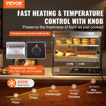2-Tier Commercial Food Warmer Display, 850W Food Display Warmer w/ Tempered Glass and Steam Heating, 86?~185? Temperature Control, 111L Large Capacity for Hamburger, Pizza, Bread, Fried Chicken