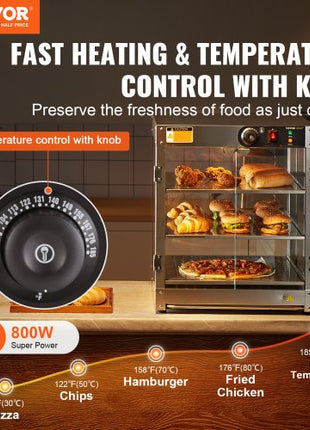 3-Tier Commercial Food Warmer Display, 800W Food Display Warmer with Light to Enhance Food Display, 86?~185? Temperature Control, 90L Large Capacity for Hamburger, Pizza, Bread, Fried Chicken