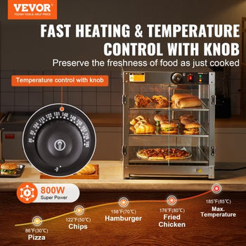 3-Tier Commercial Food Warmer Display, 800W Food Display Warmer with Light to Enhance Food Display, 86?~185? Temperature Control, 90L Large Capacity for Hamburger, Pizza, Bread, Fried Chicken