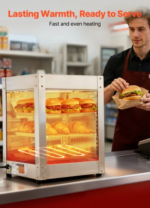 3-Tier Commercial Food Warmer Display, 800W Food Display Warmer with LED Light, Adjustable Shelf and Stainless Steel Frame, 86?~185? Air Heating, 34L for Hamburger, Pizza, Bread, Fried Chicken