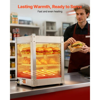 3-Tier Commercial Food Warmer Display, 800W Food Display Warmer with LED Light, Adjustable Shelf and Stainless Steel Frame, 86?~185? Air Heating, 34L for Hamburger, Pizza, Bread, Fried Chicken