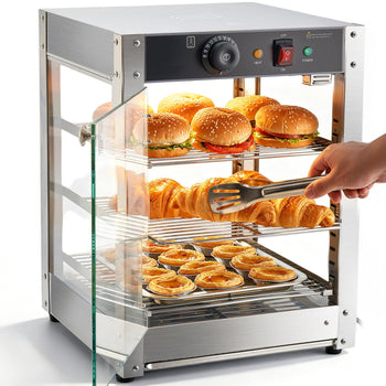 3-Tier Commercial Food Warmer Display, 800W Food Display Warmer with LED Light, Adjustable Shelf and Stainless Steel Frame, 86℉~185℉ Air Heating, 34L for Hamburger, Pizza, Bread, Fried Chicken