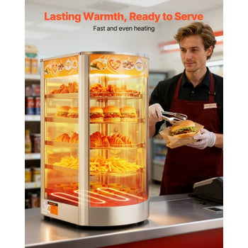 5-Tier Commercial Food Warmer Display, 800W Food Display Warmer with LED Light, Adjustable Shelf and Stainless Steel Frame, 86?~185? Air Heating, 60L for Hamburger, Pizza, Bread, Fried Chicken