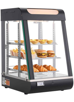 3-Tier Commercial Food Warmer Display, 800W Food Display Warmer with LED Light, Top Storage and Adjustable Shelves, 86℉~185℉ Steam Heating, 60 Qt /57L for Hamburger, Pizza, Bread, Fried Chicken