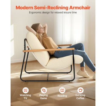 Accent Chair, Metal Framed Chair with Wooden Armrests, Modern Cozy Upholstered Armchair, with Soft Foam Cushioning, Detachable Cushion, for Living Room, Bedroom, Reading Room, Office, Beige