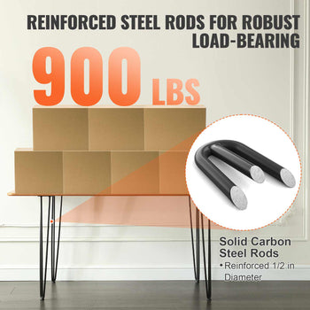 Reinforced black carbon steel rods for strong load-bearing, 900 lbs capacity, 1/2 inch diameter, ideal for furniture stability.