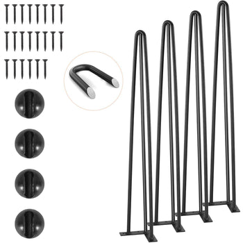 Set of 4 black hairpin table legs with screws and caps, ideal for modern DIY furniture projects.