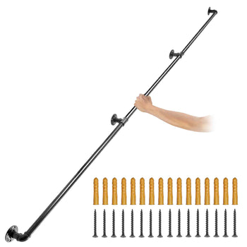 Pipe Stair Handrail, 10FT Staircase Handrail, 440LBS Load Capacity Carbon Steel Pipe Handrail, Industrial Pipe Handrail with Wall Mount Support, Round Corner Wall Handrailing for Indoor, Outdoor