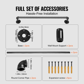 Pipe Stair Handrail, 2FT Staircase Handrail, 440LBS Load Capacity Carbon Steel Pipe Handrail, Industrial Pipe Handrail with Wall Mount Support, Round Corner Wall Handrailings for Indoor, Outdoor