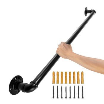 Pipe Stair Handrail, 3FT Staircase Handrail, 440LBS Load Capacity Carbon Steel Pipe Handrail, Industrial Pipe Handrail with Wall Mount Support, Round Corner Wall Handrailings for Indoor, Outdoor