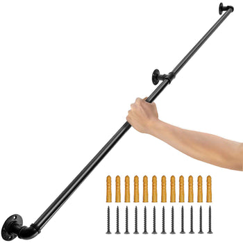 Pipe Stair Handrail, 4FT Staircase Handrail, 440LBS Load Capacity Carbon Steel Pipe Handrail, Industrial Pipe Handrail with Wall Mount Support, Round Corner Wall Handrailings for Indoor, Outdoor