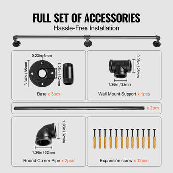 Pipe Stair Handrail, 6FT Staircase Handrail, 440LBS Load Capacity Carbon Steel Pipe Handrail, Industrial Pipe Handrail with Wall Mount Support, Round Corner Wall Handrailings for Indoor, Outdoor