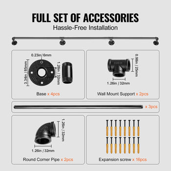 Pipe Stair Handrail, 8FT Staircase Handrail, 440LBS Load Capacity Carbon Steel Pipe Handrail, Industrial Pipe Handrail with Wall Mount Support, Round Corner Wall Handrailings for Indoor, Outdoor