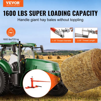 49" Hay Spear, Bale Spears 1600lbs Loading Capacity, Three-Point Hitch Tractor Attachment with 2pcs 17.5" Stabilizer Spears, Quick Attach Spike Forks