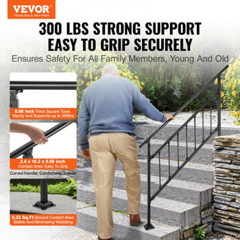 Outdoor Stair Railing, Fits for 1-5 Steps Transitional Wrought Iron Handrail, Adjustable Exterior Stair Railing with Fence, Handrails for Concrete Steps with Installation Kit, Matte Black