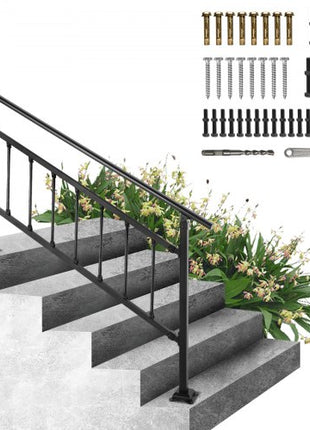 Outdoor Stair Railing, Fits for 1-5 Steps Transitional Wrought Iron Handrail, Adjustable Exterior Stair Railing with Fence, Handrails for Concrete Steps with Installation Kit, Matte Black