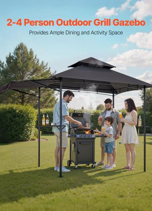 Grill Gazebo, 8 x 5 ft Double-Tiered Top, BBQ Gazebo with Extra Awning, Powder-Coated Steel Patio Grill Shelter with 2 Side Shelves, Bottle Opener & Hooks, Outdoor Grilling Canopy for Garden