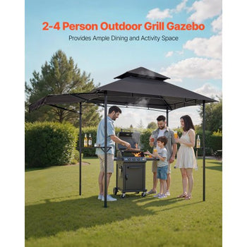 Grill Gazebo, 8 x 5 ft Double-Tiered Top, BBQ Gazebo with Extra Awning, Powder-Coated Steel Patio Grill Shelter with 2 Side Shelves, Bottle Opener & Hooks, Outdoor Grilling Canopy for Garden