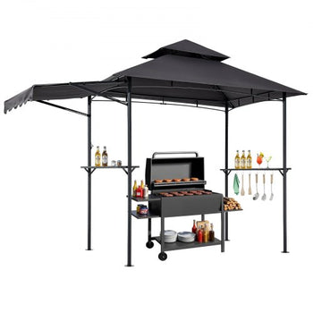 Grill Gazebo, 8 x 5 ft Double-Tiered Top, BBQ Gazebo with Extra Awning, Powder-Coated Steel Patio Grill Shelter with 2 Side Shelves, Bottle Opener & Hooks, Outdoor Grilling Canopy for Garden
