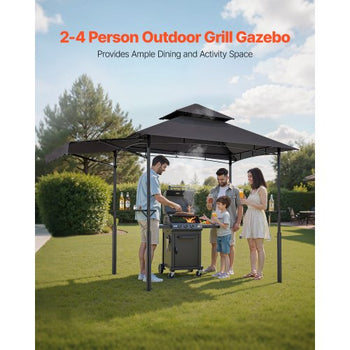 Grill Gazebo, 8 x 5 ft Double-Tiered Top, Reinforced BBQ Gazebo with Extra Awning, Powder-Coated Steel Patio Grill Shelter with 2 Side Shelves & Hooks, Outdoor Grilling Canopy for Garden