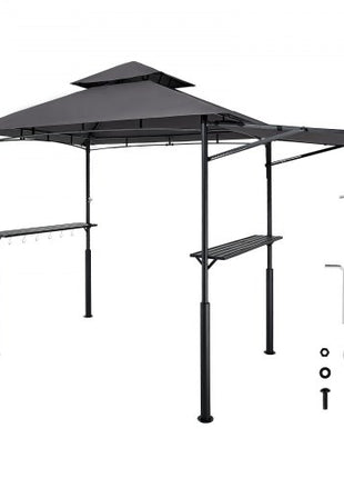 Grill Gazebo, 8 x 5 ft Double-Tiered Top, Reinforced BBQ Gazebo with Extra Awning, Powder-Coated Steel Patio Grill Shelter with 2 Side Shelves & Hooks, Outdoor Grilling Canopy for Garden