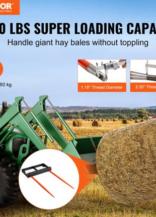 49" Hay Spear, Bale Spears 3000lbs Loading Capacity, Skid Steer Loader Tractor Bucket Attachment with 2pcs 17.5" Stabilizer Spears and 60" Chain, Quick Attach Spike Forks
