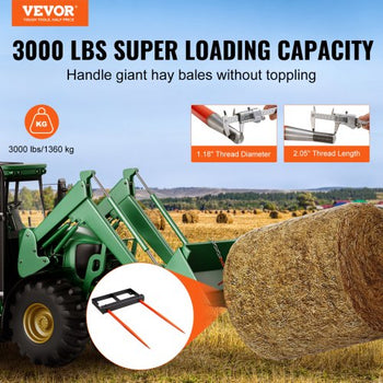 49" Hay Spear, Bale Spears 3000lbs Loading Capacity, Skid Steer Loader Tractor Bucket Attachment with 2pcs 17.5" Stabilizer Spears and 60" Chain, Quick Attach Spike Forks