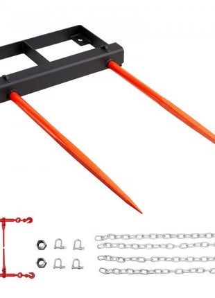 49" Hay Spear, Bale Spears 3000lbs Loading Capacity, Skid Steer Loader Tractor Bucket Attachment with 2pcs 17.5" Stabilizer Spears and 60" Chain, Quick Attach Spike Forks