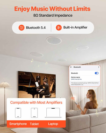 Bluetooth Ceiling Speakers, 6.5", In Ceiling & In-Wall Speaker System with Amplifier, 2-Way, for Damp and Humid Placement, Home Theater, Covered Outdoor Patio and Flush Mount Wired, 4 Speakers
