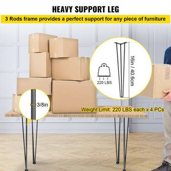 Hairpin Table Legs 16\" Black Set of 4 Desk Legs 880lbs Load Capacity (Each 220lbs) Hairpin Desk Legs 3 Rods for Bench Desk Dining End Table Chairs Carbon Steel DIY Heavy Duty Furniture Legs