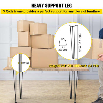 Hairpin Table Legs 30\" Black Set of 4 Desk Legs 880lbs Load Capacity (Each 220lbs) Hairpin Desk Legs 3 Rods for Bench Desk Dining End Table Chairs Carbon Steel DIY Heavy Duty Furniture Legs