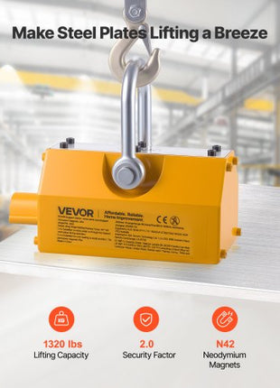 Permanent Magnetic Lifter, 1320 lbs Pulling Capacity, Heavy Duty N42 Neodymium Lifting Magnet with Release Handle and Steel Hook, Used in Shop Crane and Hoist, for Lifting Plate Steel, Board