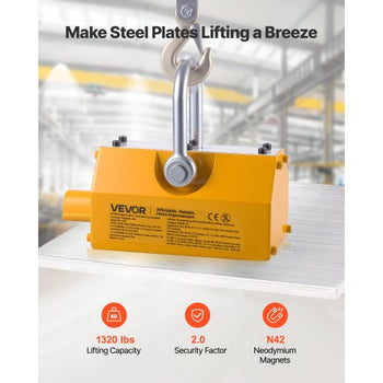 Permanent Magnetic Lifter, 1320 lbs Pulling Capacity, Heavy Duty N42 Neodymium Lifting Magnet with Release Handle and Steel Hook, Used in Shop Crane and Hoist, for Lifting Plate Steel, Board