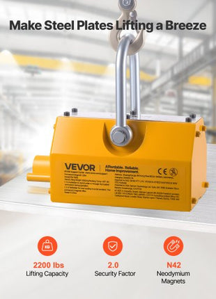 Permanent Magnetic Lifter, 2200 lbs Pulling Capacity, Heavy Duty N42 Neodymium Lifting Magnet with Release Handle and Steel Hook, Used in Shop Crane and Hoist, for Lifting Plate Steel, Board