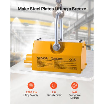 Permanent Magnetic Lifter, 2200 lbs Pulling Capacity, Heavy Duty N42 Neodymium Lifting Magnet with Release Handle and Steel Hook, Used in Shop Crane and Hoist, for Lifting Plate Steel, Board