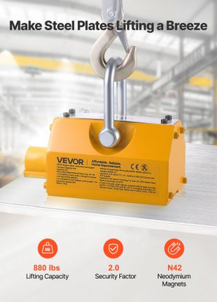 Permanent Magnetic Lifter, 880 lbs Pulling Capacity, Heavy Duty N42 Neodymium Lifting Magnet with Release Handle and Steel Hook, Used in Shop Crane and Hoist, for Lifting Plate Steel, Board