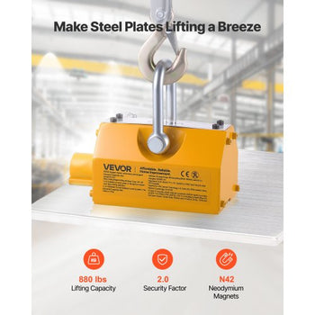 Permanent Magnetic Lifter, 880 lbs Pulling Capacity, Heavy Duty N42 Neodymium Lifting Magnet with Release Handle and Steel Hook, Used in Shop Crane and Hoist, for Lifting Plate Steel, Board