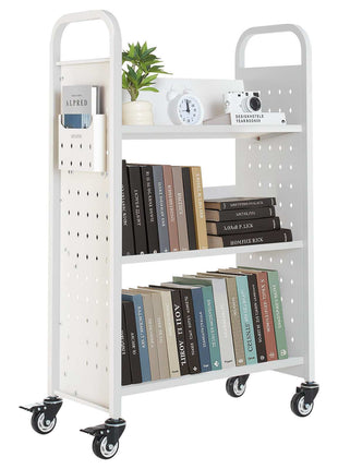 Rolling Library Book Cart, 330 lbs Capacity, 30.3 x 15 x 48.0-Inch Library Cart, Single Sided V-Shaped Shelves with 3-Inch Lockable Wheels, Book Truck for Home Shelves Office and School, White
