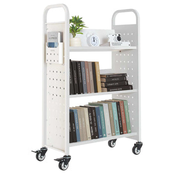 Rolling Library Book Cart, 330 lbs Capacity, 30.3 x 15 x 48.0-Inch Library Cart, Single Sided V-Shaped Shelves with 3-Inch Lockable Wheels, Book Truck for Home Shelves Office and School, White