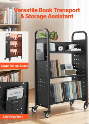 Rolling Library Book Cart, 330 lbs Capacity, 30.3 x 15 x 48.0-Inch Library Cart, Single Sided V-Shaped Shelves with 3-Inch Lockable Wheels, Book Truck for Home Shelves Office and School, Black