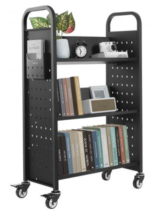 Rolling Library Book Cart, 330 lbs Capacity, 30.3 x 15 x 48.0-Inch Library Cart, Single Sided V-Shaped Shelves with 3-Inch Lockable Wheels, Book Truck for Home Shelves Office and School, Black