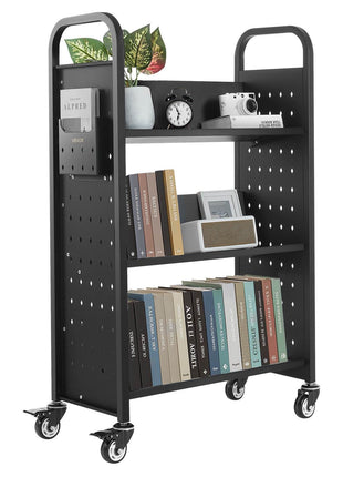 Rolling Library Book Cart, 330 lbs Capacity, 30.3 x 15 x 48.0-Inch Library Cart, Single Sided V-Shaped Shelves with 3-Inch Lockable Wheels, Book Truck for Home Shelves Office and School, Black