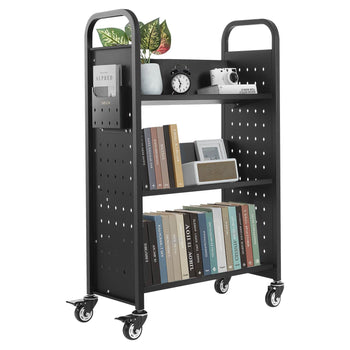 Rolling Library Book Cart, 330 lbs Capacity, 30.3 x 15 x 48.0-Inch Library Cart, Single Sided V-Shaped Shelves with 3-Inch Lockable Wheels, Book Truck for Home Shelves Office and School, Black