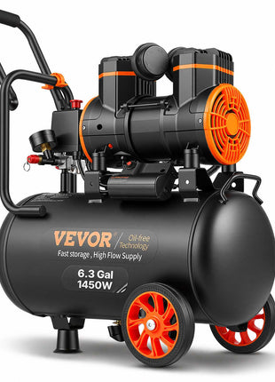 VEVOR 6.3 Gallon Oil-Free Black Air Compressor with Red Wheels, 1450W, High Flow for efficient performance.