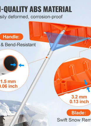 Orange ABS snow shovel with a sturdy gray handle, designed for efficient snow removal and corrosion resistance.
